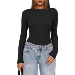 Darong Women's Long Sleeve Bodysuits Crew Neck Body Suits 2024 Basic One Piece Bodysuit Tops (X-Large, Black)