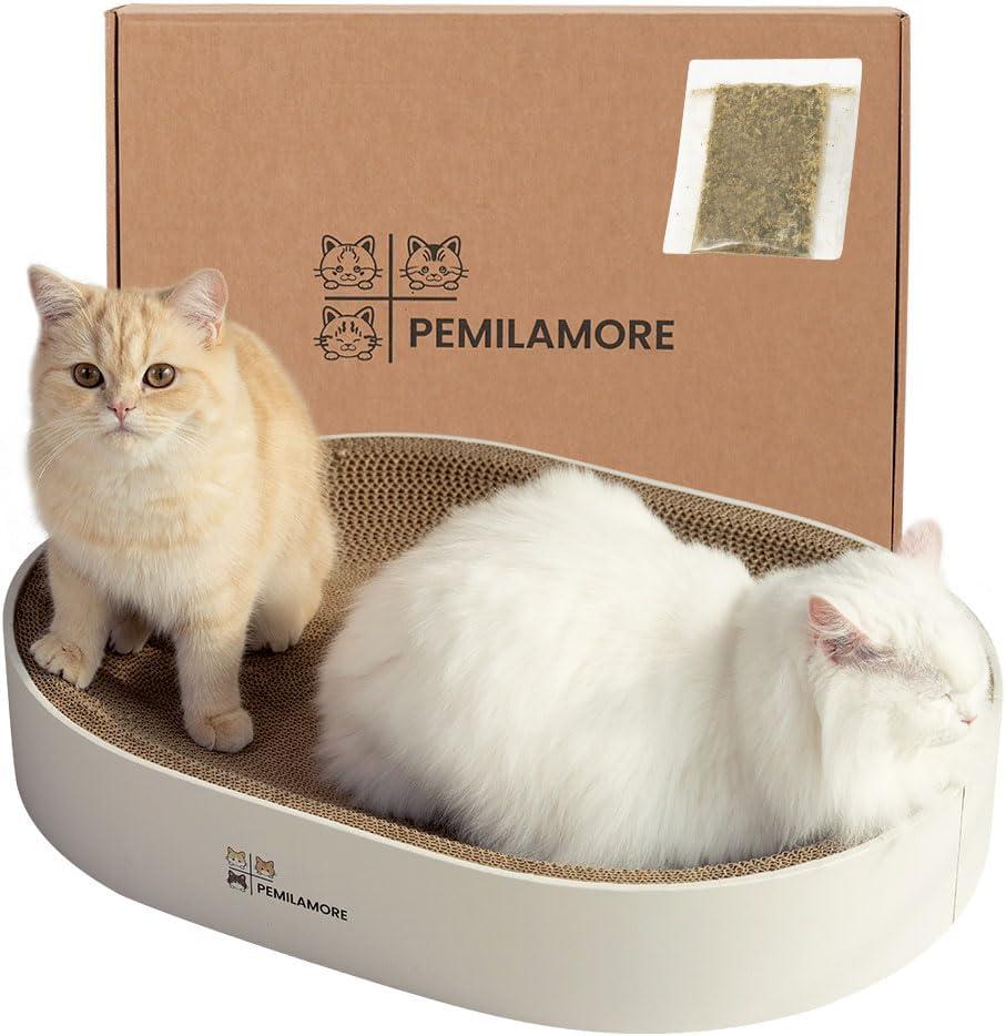 Cat Scratcher Cardboard Bed for Indoor Cats  Large (24.4x17.7x3.9in), Lounger, Round, Reversible, Durable, Protects Furniture, Cat Bowl & Scratching Pad, Safe with Cornstarch Glue