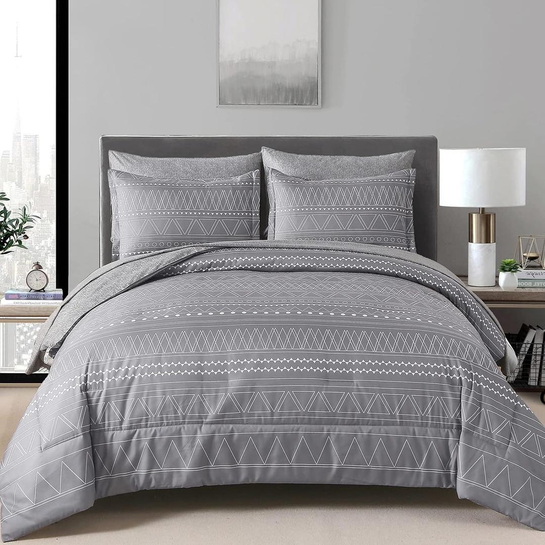 WONGS BEDDING 7 Pieces Grey Boho Comforter Set King Size,Dark Grey Texture Geometric Bed in a Bag Comforter Reversible Soft Microfiber Bedding Set with Pillowcases & Shams,Flat Sheet,Fitted Sheet