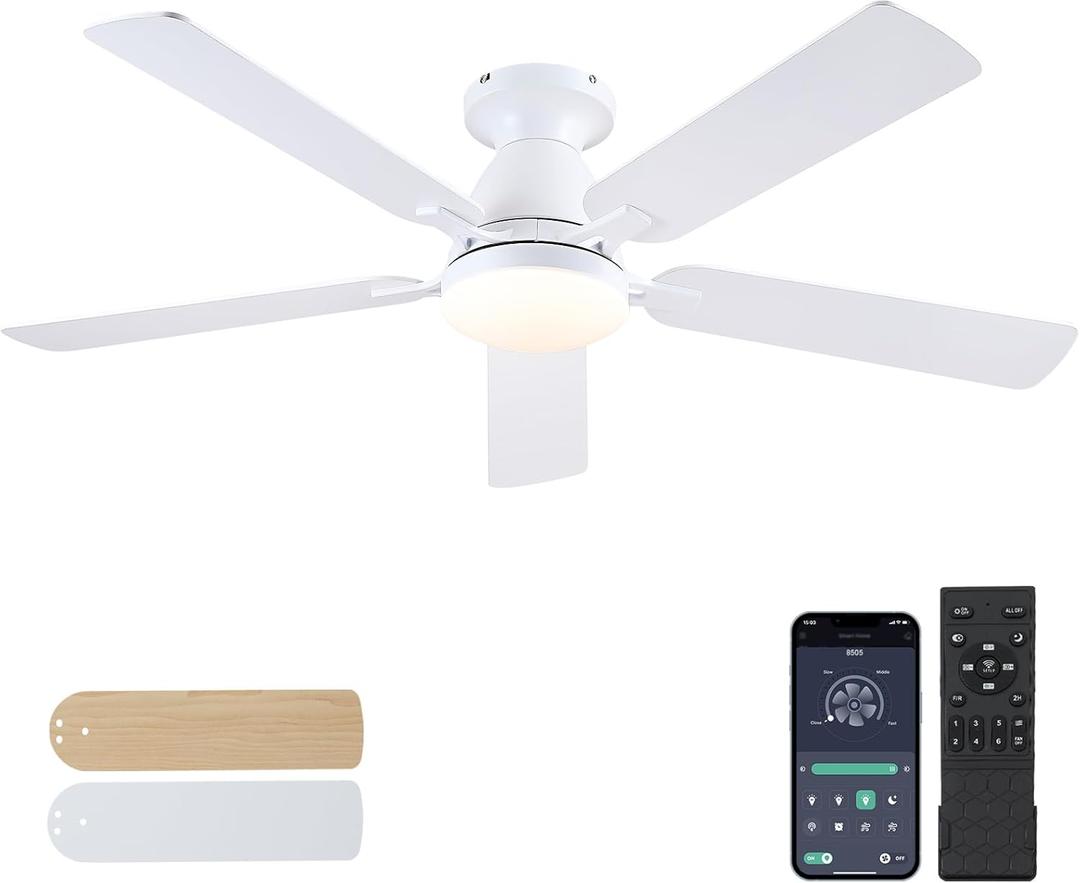 Ceiling Fans with Lights- 52" Low Profile Indoor Ceiling Fan with Light and Remote/APP Control, Flush Mount, LED Dimmable DC Reversible Modern Ceiling Fan for BedroomWhite