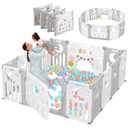 Baby Playpen, Dripex Baby Playard for Babies and Toddlers, 14-Panel Foldable Playpen Adjustable Portable Play Area, Indoor/Outdoor Kids Active Center with Game Panel & Safety Gate, Grey White