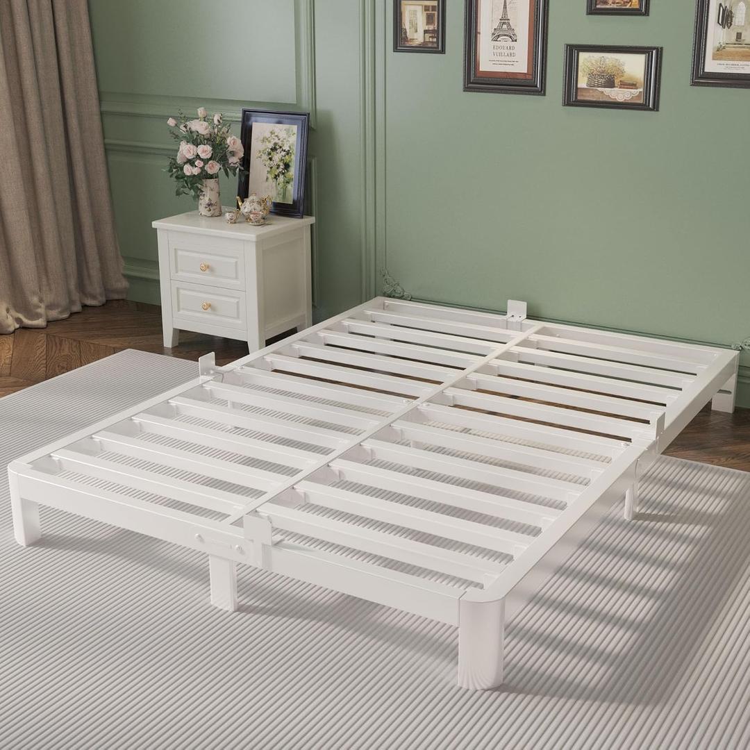 6 Inch Full Size Bed Frame with Metal Gaskets, White Full Bed Frame No Box Spring Need, Heavy Duty Steel Platform Support, Round Corner Legs, Easy Assembly, Noiseless