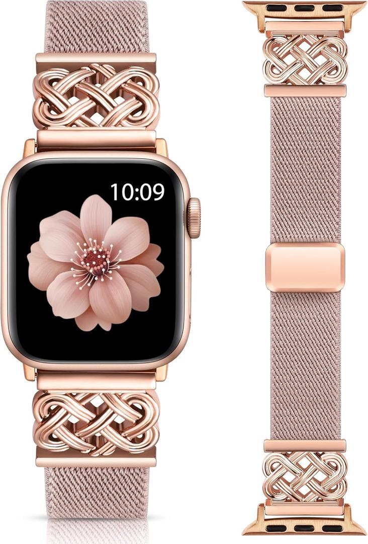 Minyee Magnetic Stretchy Band Compatible with Apple Watch Bands 38/40/41/42/44/45/46/49mm Women Men, Celtic Knot Soft Elastic Nylon Fabric Strap for iWatch Series 11 10 9 8 7 6 5 4 SE/Ultra 3 2 1 (Pink Grey/Rose Gold)