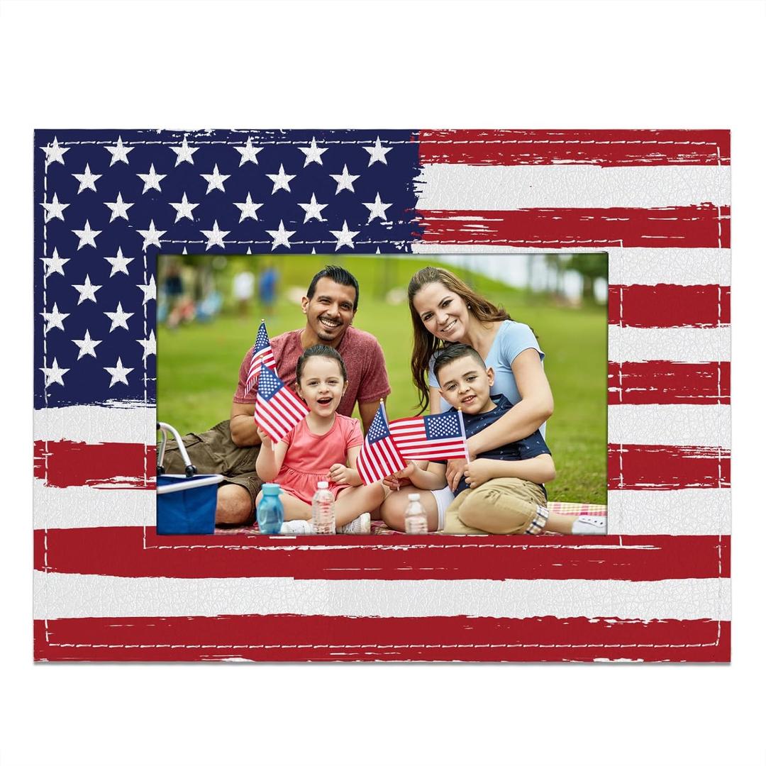 PETCEE American Flag Picture Frame - Independence Day Wooden Photo Frame 4th of July Picture Frames Veterans Day Gift American Star Patriotic Desktop Decoration Christmas Memories Day Gift Supplies (B-1)