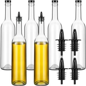 Baderke 6 Pack Glass Long Neck Bottles with Pourer and Caps Clear Glass Wine Syrup Bottle with Spout for Liquor Juice Home Party Bar Kitchen Accessories(Plastic)