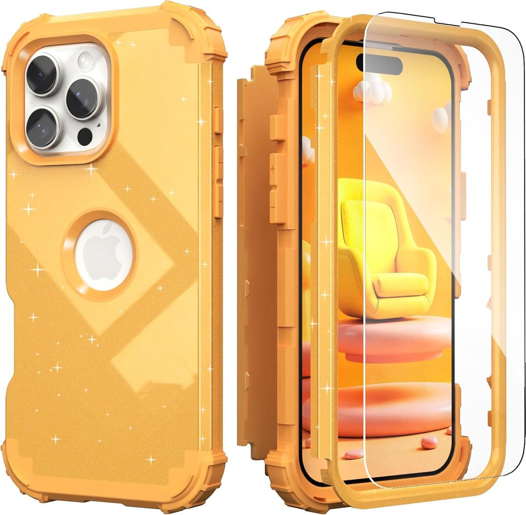 IDweel for iPhone 16 Pro Case with Screen Protector,Luxury 3 in 1 Shockproof Slim Fit Hybrid Heavy Duty Hard PC Cover Soft Silicone Bumper Full Body Anti-Fingerprint Case,Glitter Sundial Golden