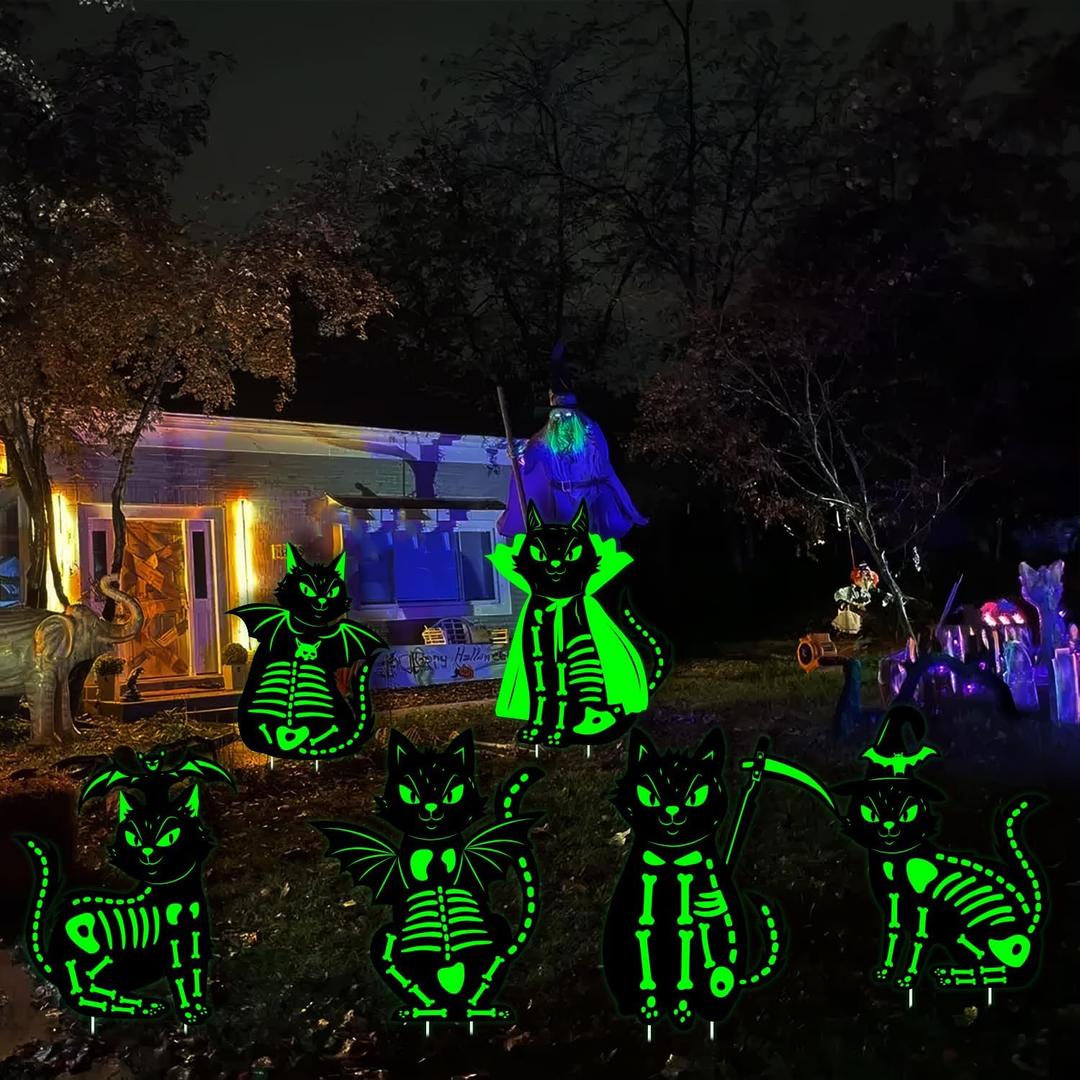 HalloweenYard Signs Decorations for Home, Party, Cemetery Halloween Decor, 6Pcs, Black Cat, Glowing in The Dark