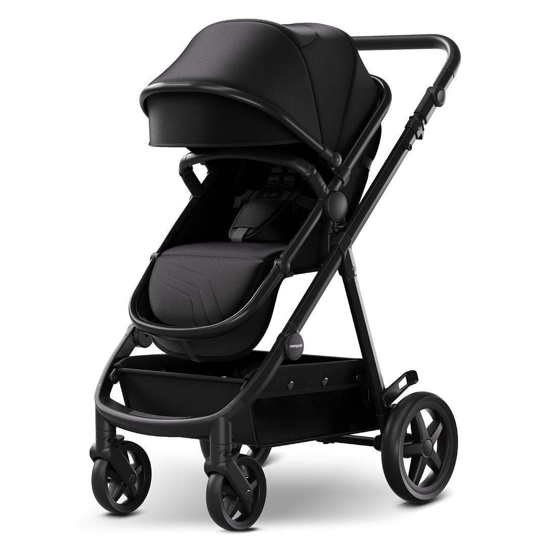 Mompush Meteor2 Baby Stroller 2-in-1 with Newborn Mode, Compatible with Infant Car Seat Adapter Included, Full-Size Bassinet Strollers for Family Outings, Black