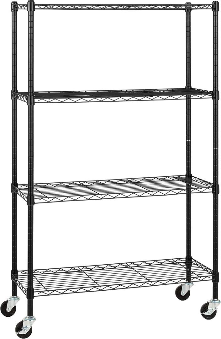 Amazon Basics 4-Shelf Heavy Duty Garage Shelving Storage Unit on 3" Wheel Casters, Adjustable Metal Wire Rack with Leveling Feet, 36" x 14" x 57.75", Black
