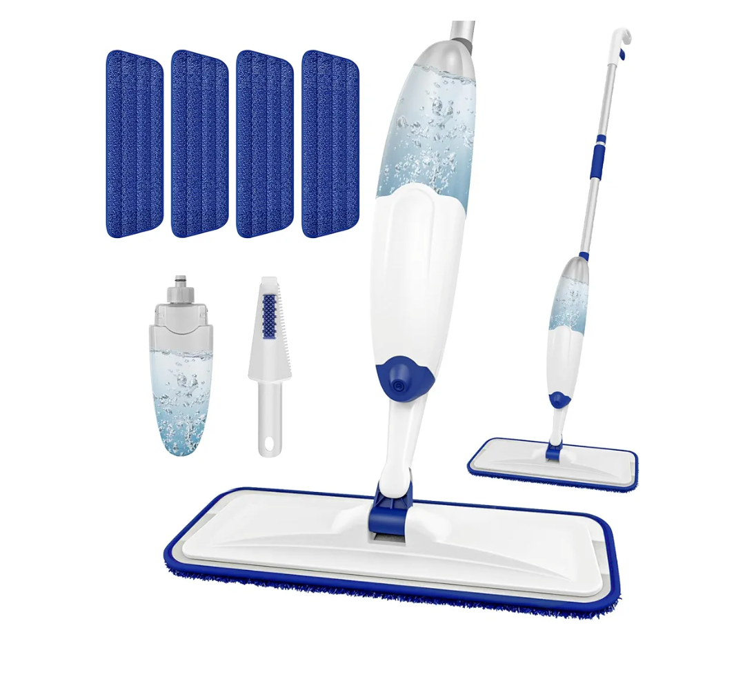 HOMTOYOU Microfiber Flat Mop with Sprayer: Spray Mop with 4 Washable Pads for Cleaning Multi-Surface Floors - 1Pcs 400+ML Refillable Bottle