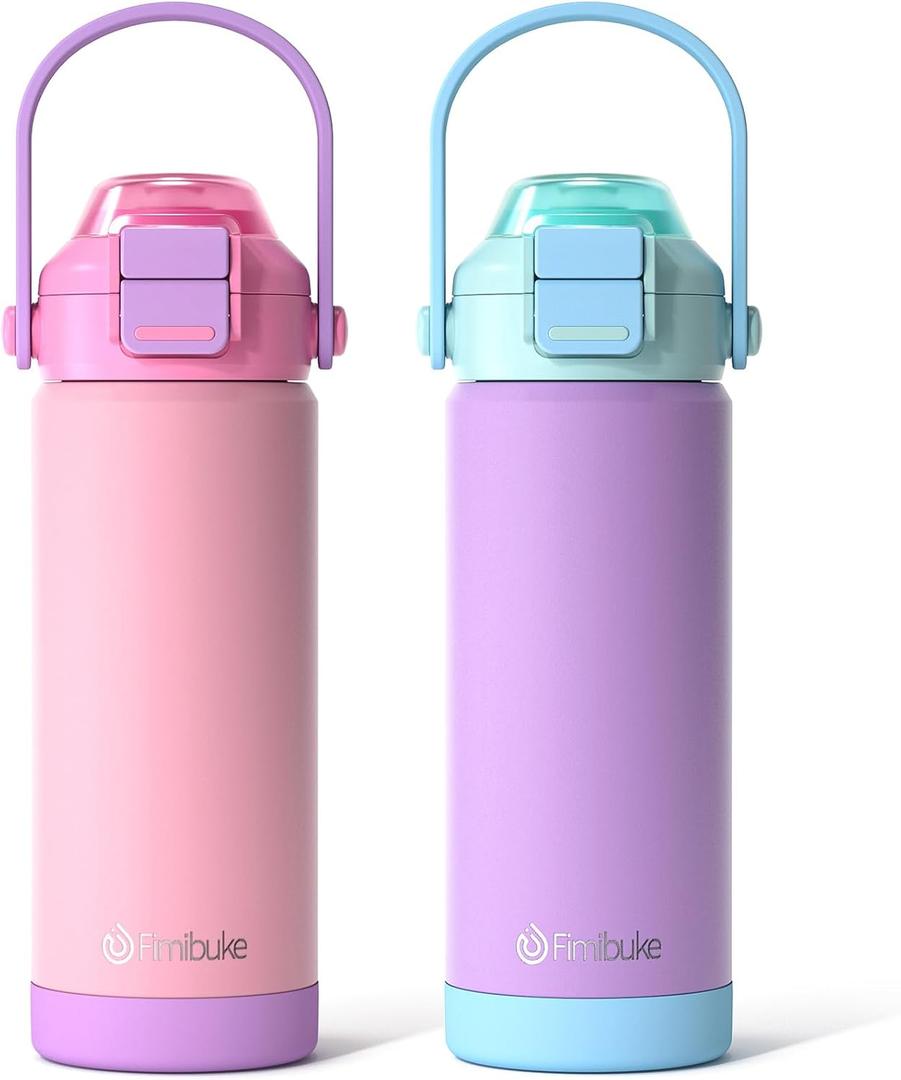 Fimibuke Kids Insulated Water Bottle with Pop-Open Straw & Spout 2-in-1 Lid, 18oz Leak Proof 18/8 Stainless Steel Vacuum Tumbler, BPA-Free Kids Cup For Travel School Boys Girls Toddler 2 Packs Macaron