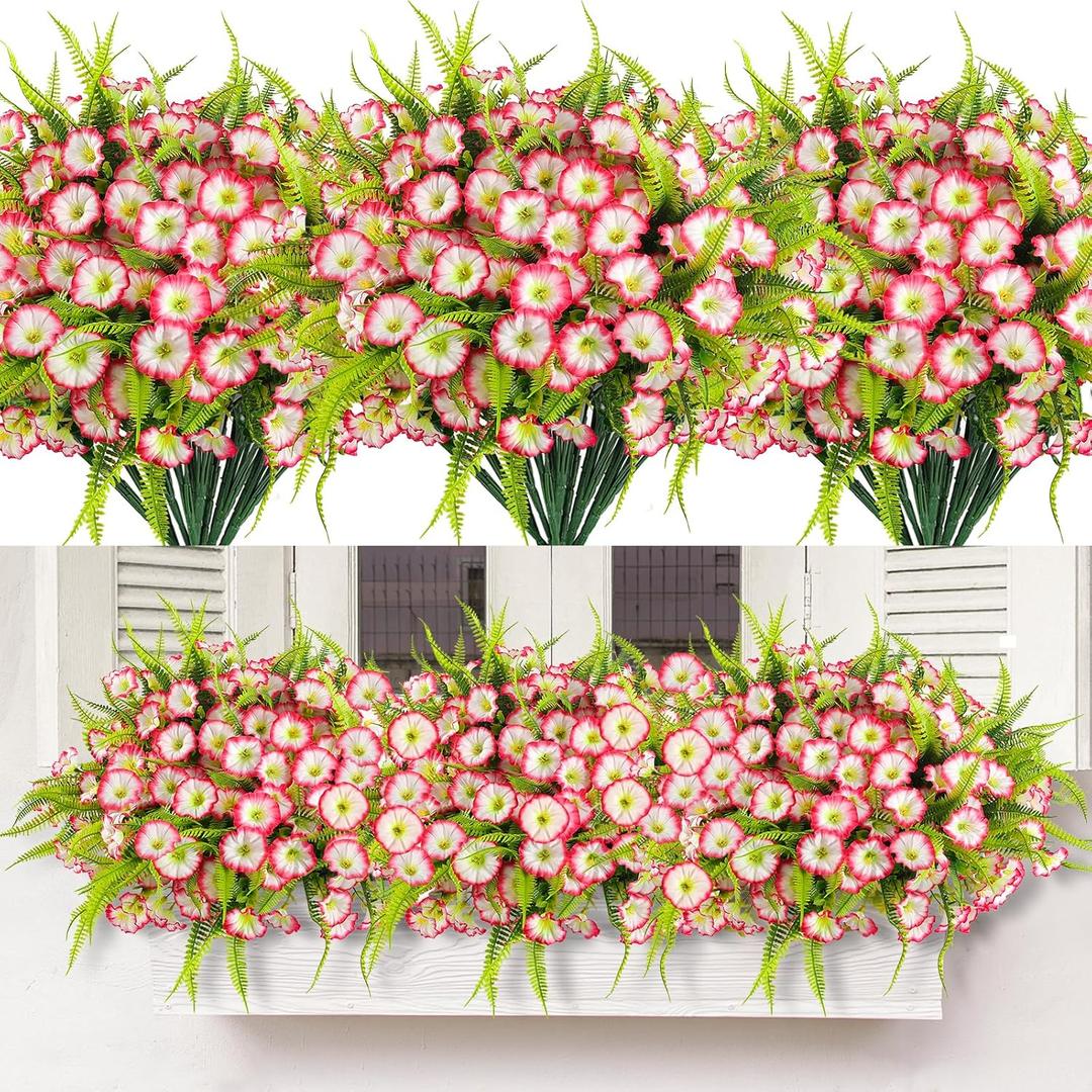Artificial Flowers for Outdoors 12 Bundles Pink Artificial Petunias Fake Flowers UV Resistant Shrubs Plants with Fern for Indoor Outside Hanging Planters Home Garden Spring Decorations
