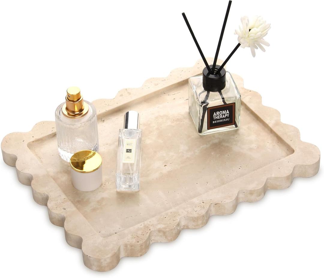 Scalloped Marble Decorative Tray,Luxury Natural Stone Bathroom Vanity Tray, Dresser Top Perfume Coffee Home Kitchen Toilet Sink Tray, Key Trinket Ring (Travertine, 10.8 * 8)