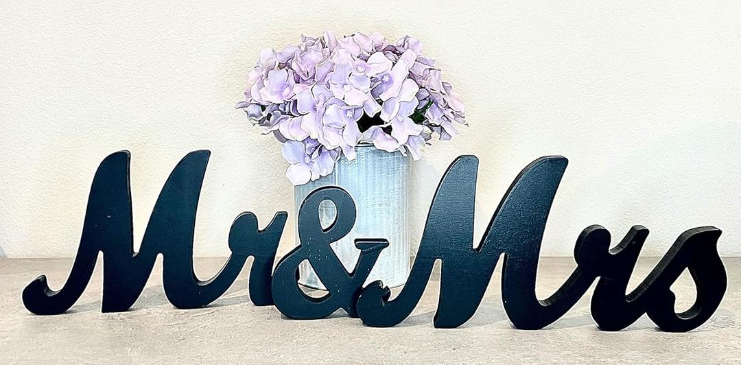 Mr & Mrs Wood Sign Wedding Decorations for Bride & Groom Reception Head Table. Wooden Letters for Married Couple's Centerpiece, Engagement & Bridal Shower Party Or Wedding Cake Table. (Black)