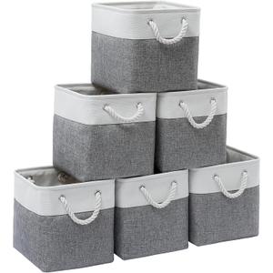 11 x 11 Inch Storage Cubes, 6 Pack Large Collapsible Fabric Storage Bin with Ropes, Foldable Storage Cubes for Home, Office,Closet, Clothes, Toys Organizer (White&Gray)