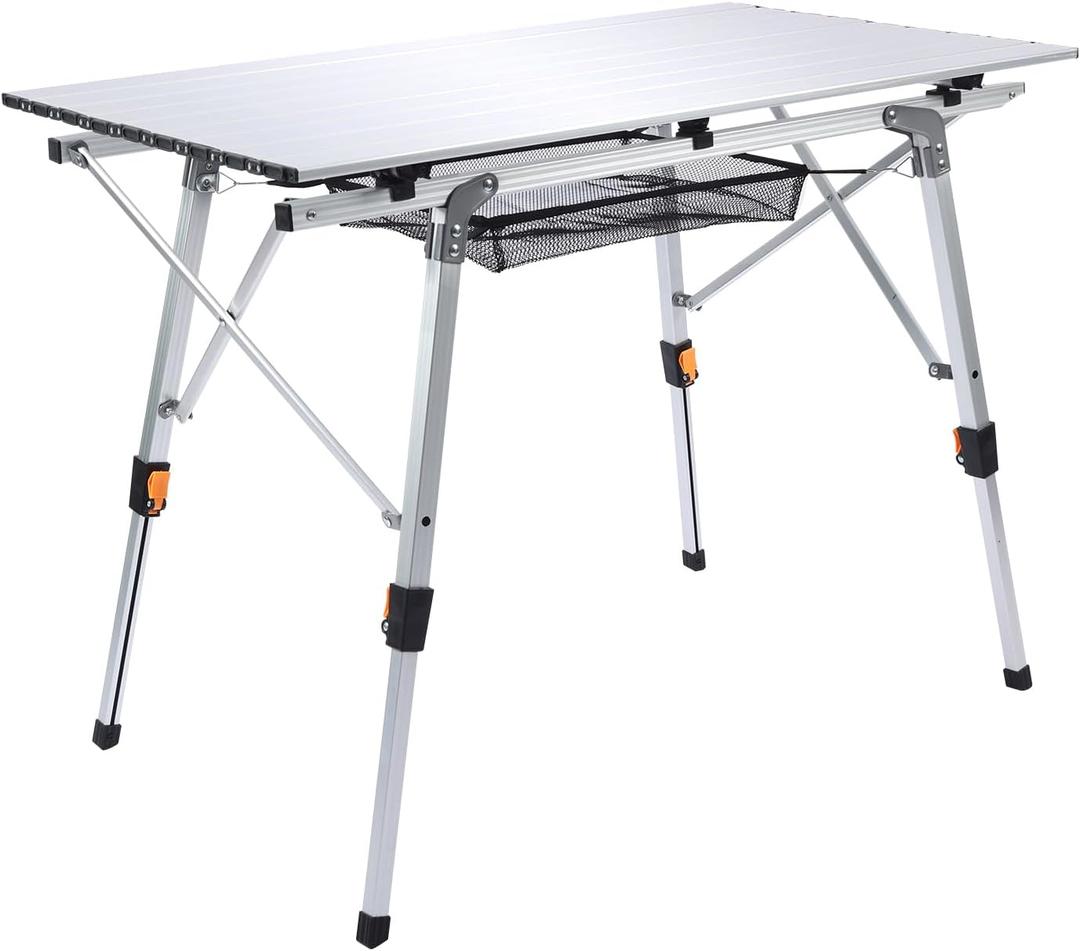 JOUYEK Folding Outdoor Camping Table with Adjustable Legs, Lightweight Aluminum Roll Up Camp Table with Carrying Bag, Mesh Storage Organizer, for Cooking, Picnic, Beach, Backyards, BBQ, Party, 35.4 X 20.3 X 26.4 Inches