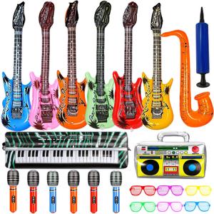 22 Pack Inflatable Guitar, Blow Up Guitar, Inflatable Rock Star Toy Set, 6 Inflatable Guitars, 6 Microphones, 6 Shutter Shading Glasses, 1 Saxophone, 1 Inflatable Piano, 1 Inflatable Recorder