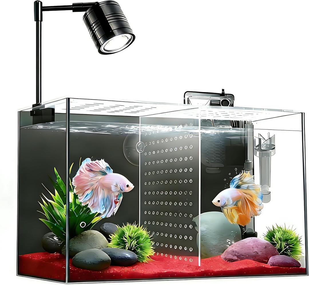 Fish Tank, 3 Gallon Ultra-Clear Glass Fish Aquarium, with Separator Plate for Betta, Fish Tank Starter kit with Filter and Led Light, Black