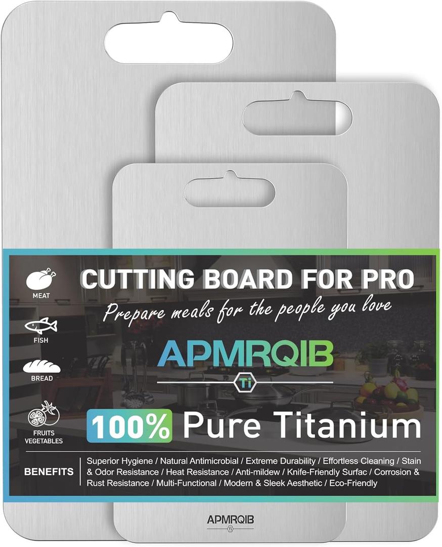 APMRQIB Titanium Cutting Board Set of 3, 100% Pure Titanium Cutting Boards for Kitchen, Double Sided Non Toxic Cutting Board, Ideal Charcuterie & Chopping for Meat, Hygiene Durable Dishwasher（S+M+L)