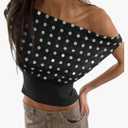 Milumia Women's Polka Dots Off Shoulder Crop Tank Tops Y2K Cap Sleeve Ruched Going Out T-Shirts, Medium