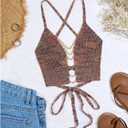 Floerns Women's Lace Up Backless Knitted Camisole Sleeveless Cropped Cami Tops (Brown Multi)