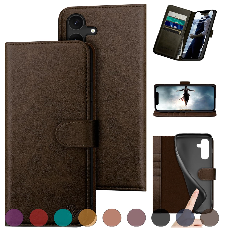 DuckSky for Samsung Galaxy S23 FE Genuine Leather Wallet case 【RFID Blocking】【4 Credit Card Holder】【Real Leather】 Flip Folio Book Phone case Protective Cover Women Men for S23FE case Brown