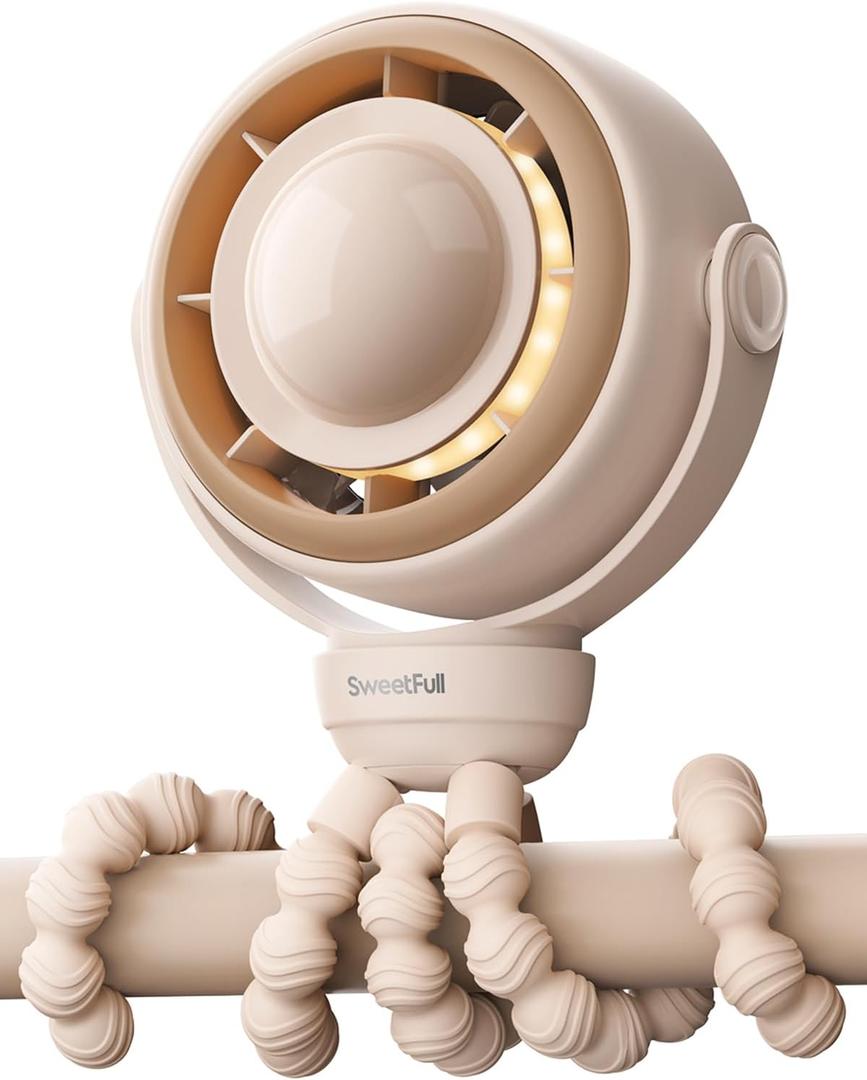 SWEETFULL Baby Stroller Fan - 4000mAh Rechargeable 4-Speed Quiet with LED Display & Night Light, Mini Portable 360 Clip On Safe Fan for Car Seat, Crib, Travel - Brown