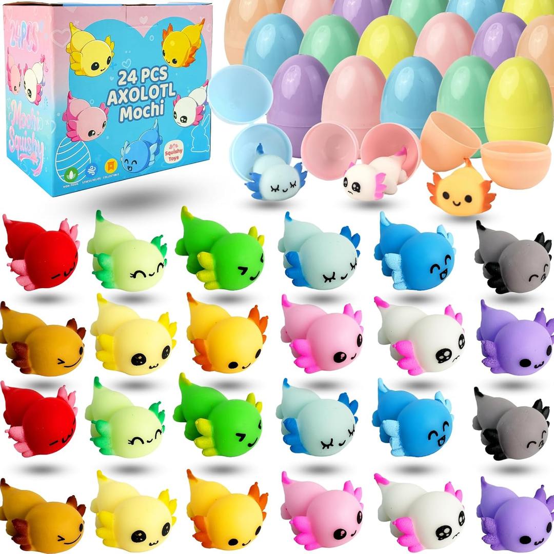 24 Pack Prefilled Easter Eggs with Axolotl Mochi Squishy Toys, Easter Basket Stuffers, Easter Eggs Filled Mini Squishy Toy, Party Favors for Kids, Easters Gifts, Classroom Exchange (Macaron)
