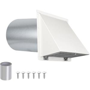 4 Inch Dryer Vent Cover Outside, Dryer Exhaust Vent Cover Exterior Dryer Vent Kit, Outdoor Wall Vent Hood Outlet with Screen and Damper for Dryer Duct AC HVAC Air Ventilation, Galvanized Steel, White