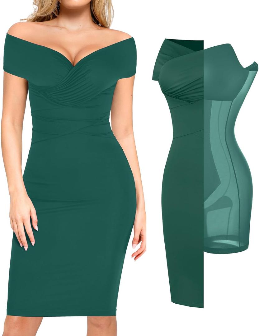 Popilush Women's Shapewear Midi Dress Off Shoulder Wrap V Neck Formal Wedding Guest Cocktail Dresses Bodycon Evening Gowns (X-Large, Green) Popilush Women's Shapewear Midi Dress Off Shoulder Wrap V Neck Formal Wedding Guest Cocktail Dresses Bodycon Evening Gowns (X-Large, Green)
