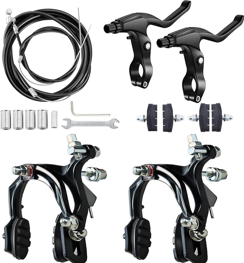 2 Pairs Bike Brakes, Universal Complete V Bike Brakes Set, Mountain Bike Replacement for Most Bicycle,Road Bike Brakes Cables with Front Back Wheels End Caps,End Ferrules -Black