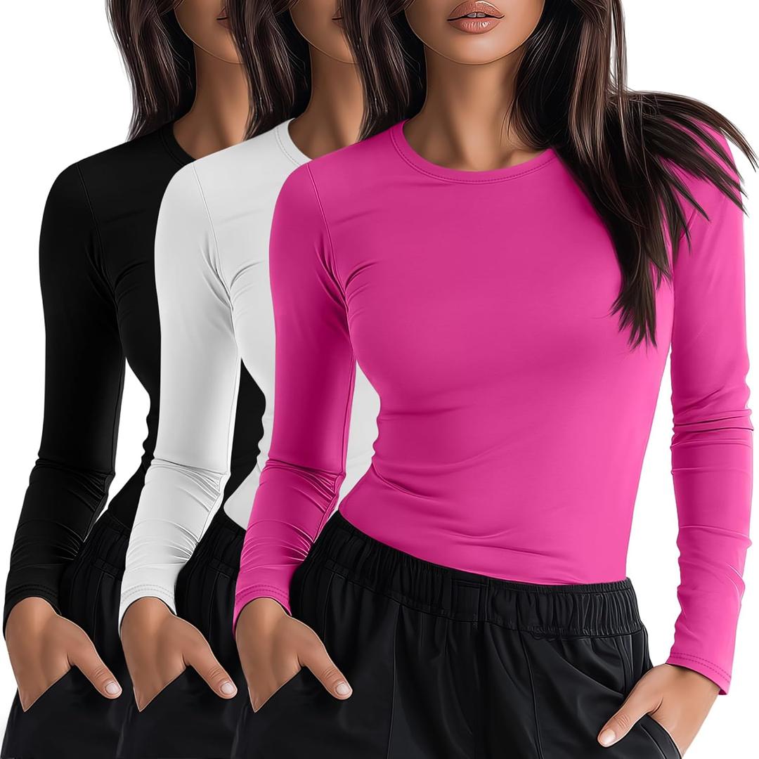 Neer 3 Pack Womens Underscrub Shirts Long Sleeve Crewneck Tops Fitted Layering Clothes Comfort Knit Tops for Nurse (M)