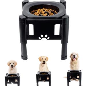Pawque Elevated Slow Feeder Bowls - Adjustable Raised Dog & Cat Bowl with 3 Heights (6.1", 7.7", 9.3") for Medium & Small Pets, Mess Proof & Non-Slip Dish Feeder (Black)