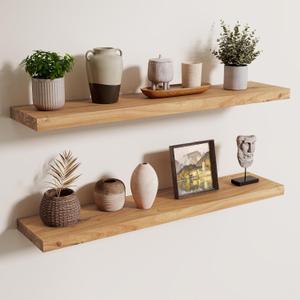 Axeman Floating Shelves for Wall, 8 Inch Deep Rustic Solid Elm Wood Wall Shelves for Storage, Wall Mounted Display Shelving with Invisible Heavy-Duty Metal Bracket, 36'' Width Set of 2, Natural, 36 Inches - 2p