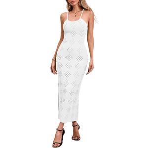 Fisoew Womens Crochet Swimsuit Cover Up Sleeveless Halter Neck Sexy Bodycon Backless Summer Knit Beach Vacation Maxi Dress, S