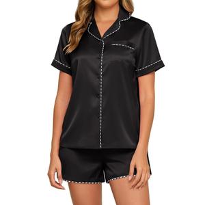 HALCYEEN Black Pjs for Women Set Women's Satin Pajama Set Short Sleeve Button-Front Top Shorts, Silky Soft Sleepwear(Black,M) (Black, M)