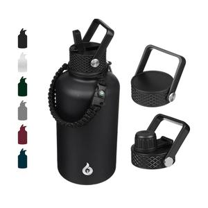 BJPKPK Half Gallon Insulated Water Bottles with Straw Lid, 64oz Large Water Jug, Stainless Steel Bottles with 3 Lids and Paracord Handle, Thermo for Hot & Cold Liquid, Black