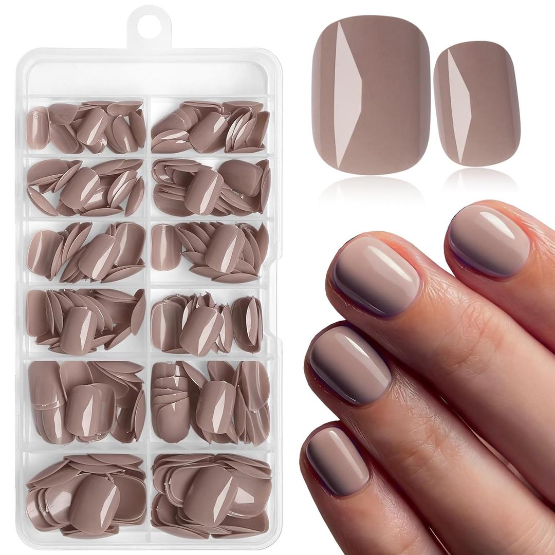 240pc Coffee Press on Nails Short Squoval Fake Nails with Glue Tabs, Extra Short Nails Press on Nail Square Round Glue on Nail Coffee Acrylic Nail XS False Nail Women Artificial Fingernails Kit