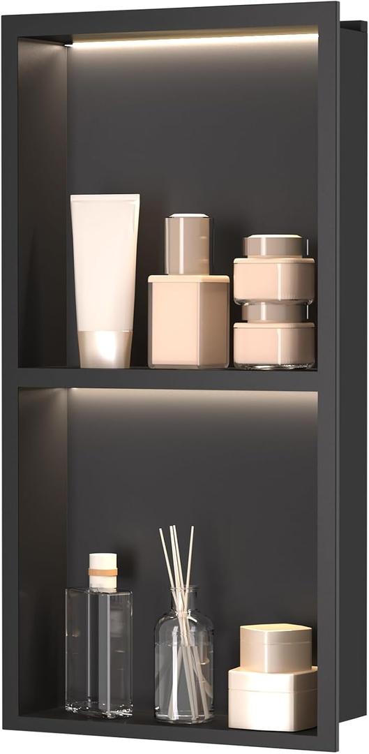 LED Shower Niche 24 x 12, Recessed Wall 2-Tiers Shelves (Black), Double layer