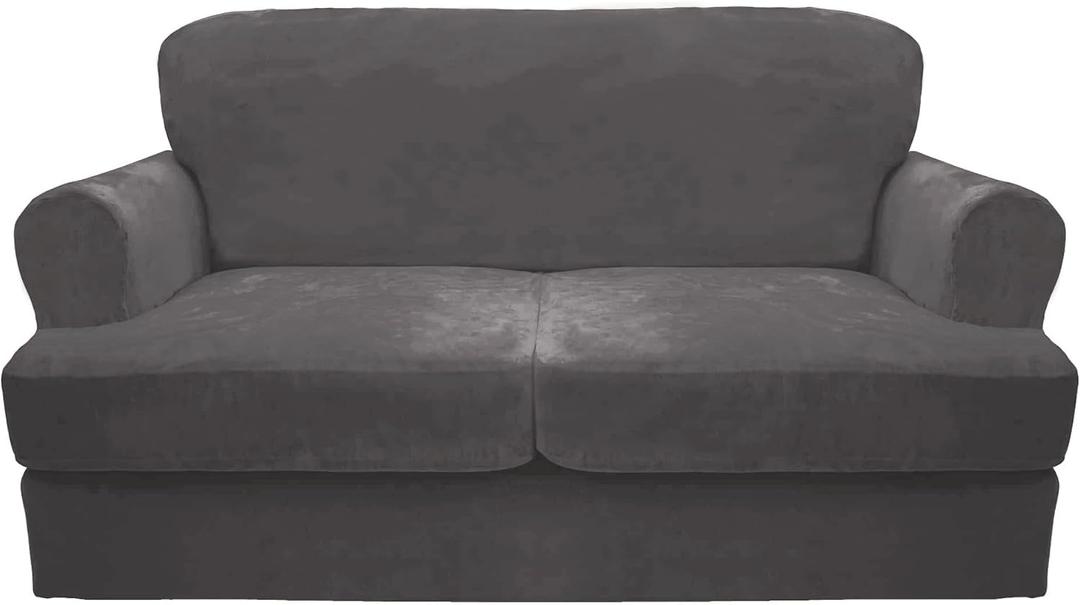 CUCRAF T Cushion Sofa Cover 3 Piece Loveseat Slipcovers, Soft Thick Velvet Couch Cover for Living Room, Washable High Stretch Furniture Protector with 2 Cushion Sofas Slipcover (M, Dark Grey)