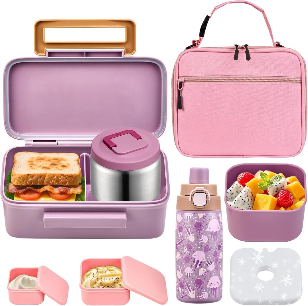 PIQUEBAR Bento Lunch Box for Kids with Thermo Ice Pack Lunch Food Container Insulated Bag, 18oz Plastic Sport Water Bottle for Kid Girls Boys