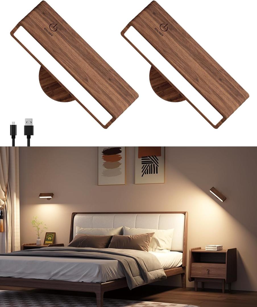 Battery Operated Wall Sconces Set of 2,Rechargeable Wall Lights Wood,Stick On Wall Lights for Bedroom,Wall Mounted Bedside Reading Lamps Dimmable,Battery Powered Wall Lamp for Bedroom