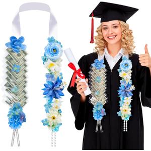 Graduation Money Lei Class of 2026 - Graduation Ribbon Lei with Secure Cash Pockets, 66'' Blue Hawaiian Flower Graduation Necklace for Women Men, Grad Gift & Party Accessories for High School College