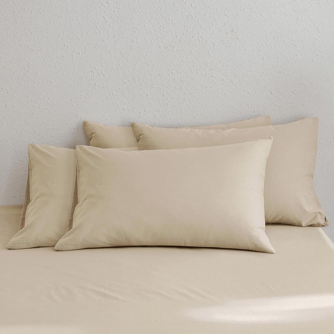 MooMee Bedding Pillowcases Pack of 4 100% Washed Cotton Linen Like Textured Breathable Durable Soft Comfy (Heathered Almond Milk Grey, Queen)
