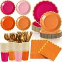 Mimorou 169 Pcs Pink and Orange Plates and Napkins Party Supplies for Guests Hot Pink Orange Tableware Include Scalloped Plates Paper Napkin Cup Spoon Fork Knife for Baby Shower, Wedding, Birthday