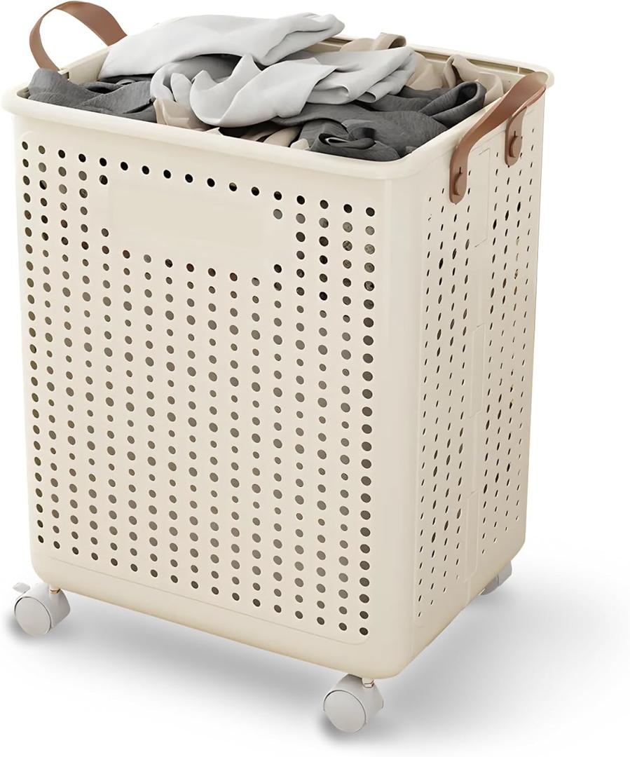 Large Laundry Basket with Wheels and Handles, 17 Gal (64L) Dirty Clothes Hamper, Foldable Design from Spacious to Slim Laundry Hamper, Rolling Laundry Basket for Bathroom, Bedroom, Dorm, Beige