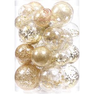 Sea Team Multi-Size Shatterproof Clear Plastic Christmas Tree Ball Ornaments Set, Decorative Hanging Transparent Xmas Baubles with Stuffed Delicate Decorations (25 Counts, Gold)