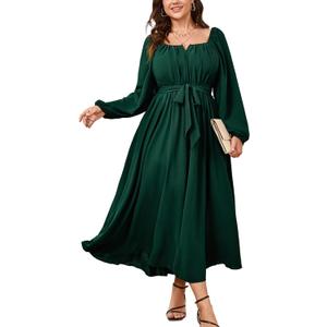 SCOMCHIC Women Plus Size Maxi Dress Long Sleeve Square Neck Wedding Guest Cocktail Belted Elegant Flowy A Line Long Dresses