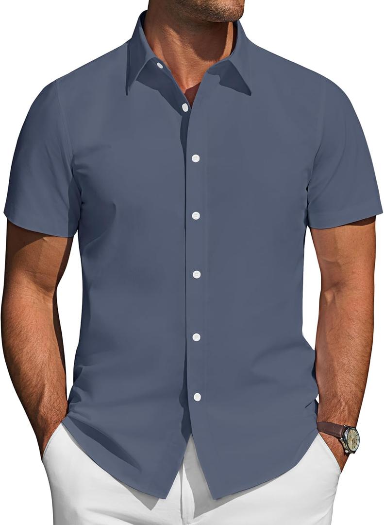 J.VER Mens Short Sleeve Button Down Shirt Stretch Business Casual Dress Shirts Solid Summer Wedding Prom Tops (Large, Grey Blue)