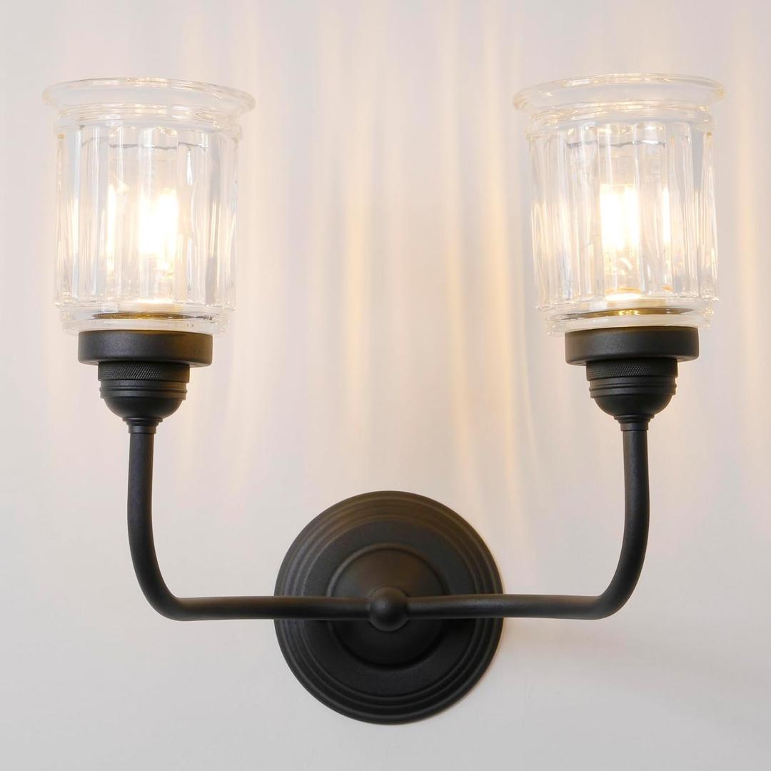 Modern Double Glass Wall Sconce Light Black Finished, Industrial 2-Lights Bathroom Vanity Lighting for Bedroom Living Room Dining Room Hallway